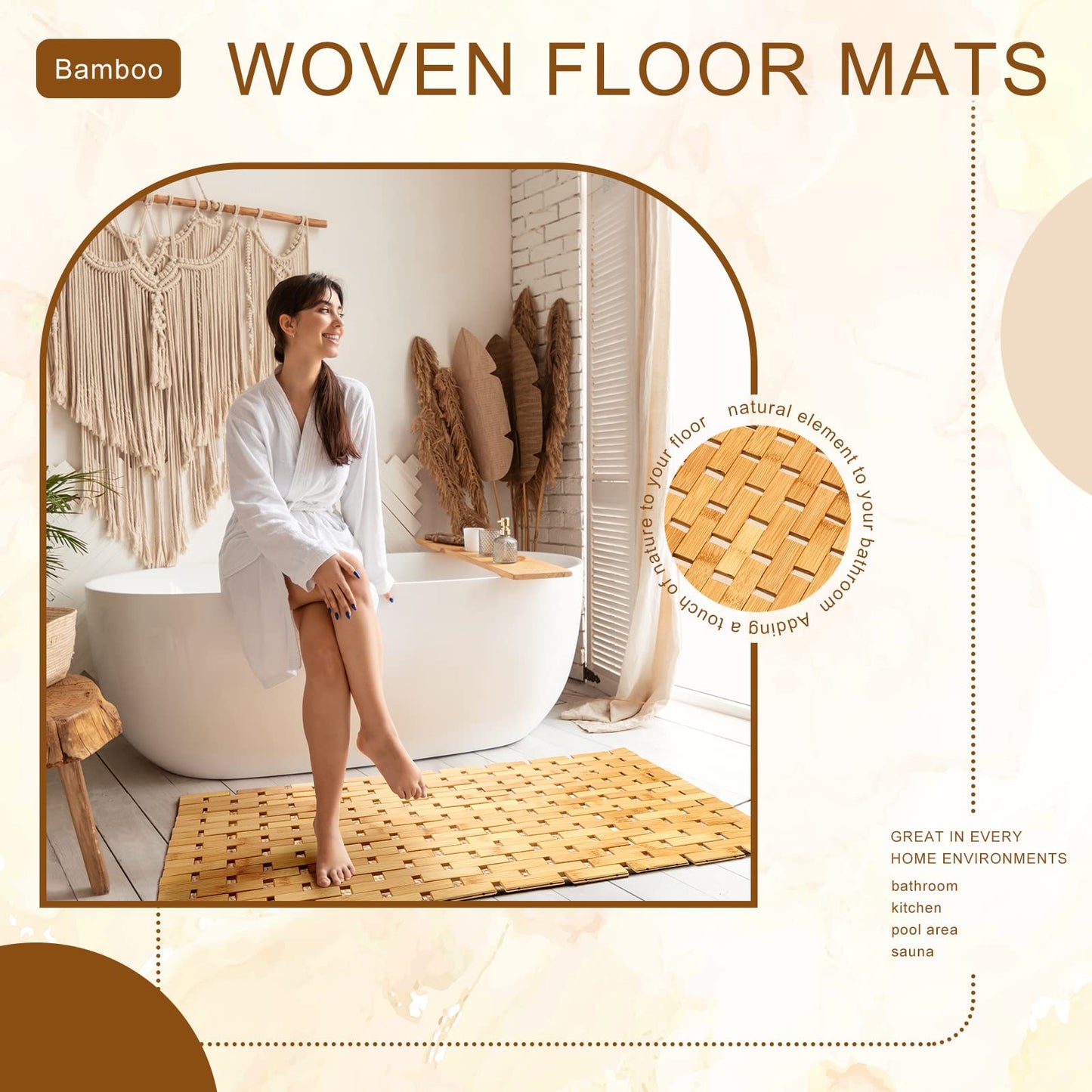 2 Pcs Bamboo Bath Mat Bathroom Rugs Floor Wood Shower Mat Non Slip Waterproof Wooden Shower Rug with Nonskid Silicone Pads for Bathroom Floor Spa Bathtub Kitchen(24 x 16 inches)