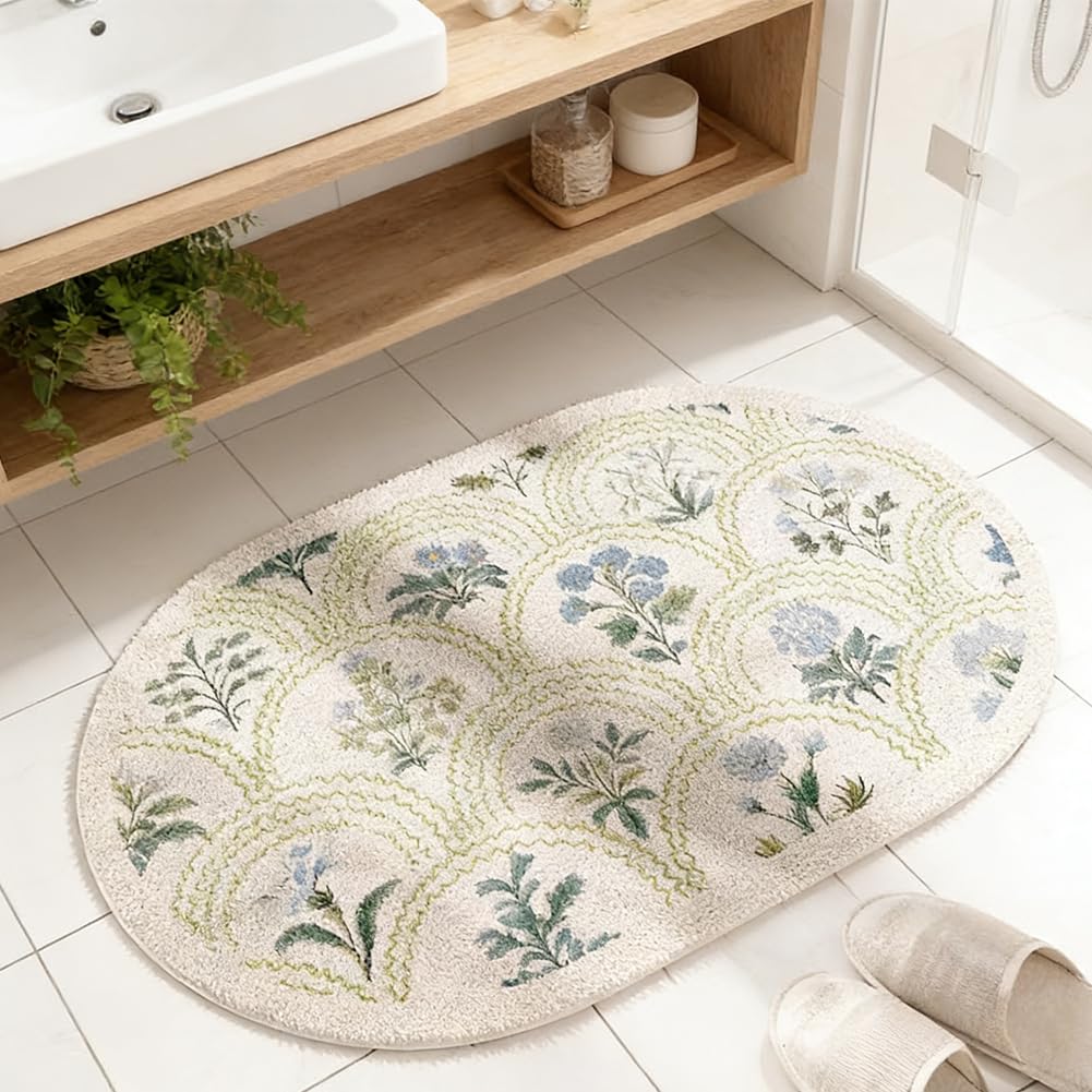 gdmgdr Spring Floral Bathroom Rug 32" x 20" Wild Flowers Bathroom Mat Boho Floral Bath Rug (Oval, Green)