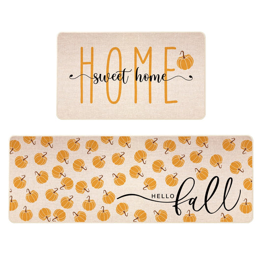 Siilues Fall Kitchen Mats Set of 2, Non-Slip Sweet Home Hello Fall Kitchen Rugs for Floor Seasonal Autumn Home Decor Low-Profile - 17x29 and 17x47 Inch