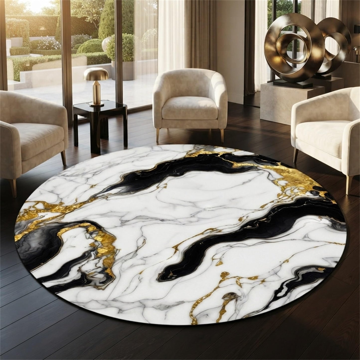 Round Area Rug 5ft Modern Abstract Marble Texture Indoor Rugs for Livingroom Bedroom Lux Black Cream Gold Circle Rug Machine Washable Non Skid Thin Soft Large Carpet Nursery Dorm Kitchen Floor Mats