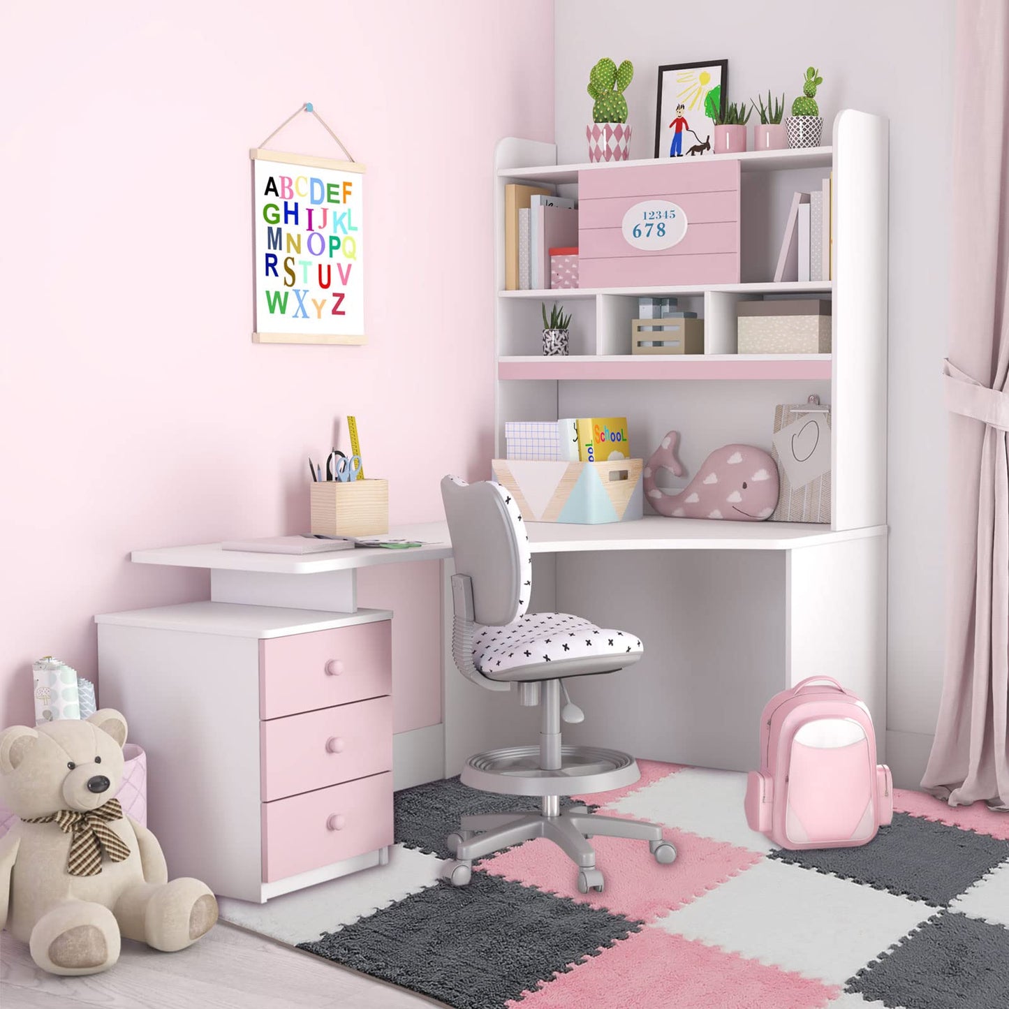 Amylove 72 Pieces Plush Foam Floor Mat Square Interlocking Carpet Tiles with Border 12 x 12 x 0.4 in Fluffy Play Mat Floor Tiles Soft Climbing Area Rugs for Home Playroom(White, Gray, Pink)