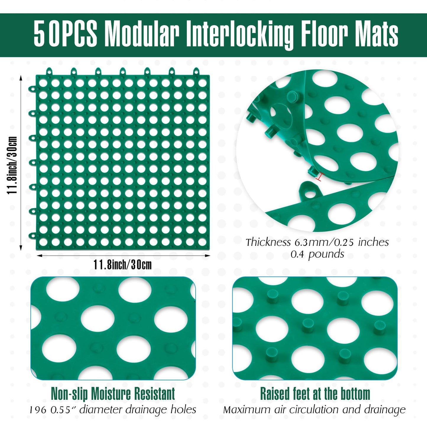 Tinideya 50 Pcs Drainage Mats 11.8'' x 11.8'' Modular Interlocking Floor Drainage Tiles Splicing Pool Floor Mat, Non Slip TPE Soft for Outdoor Deck Greenhouse Shower Bathroom Pool(Grass Green)