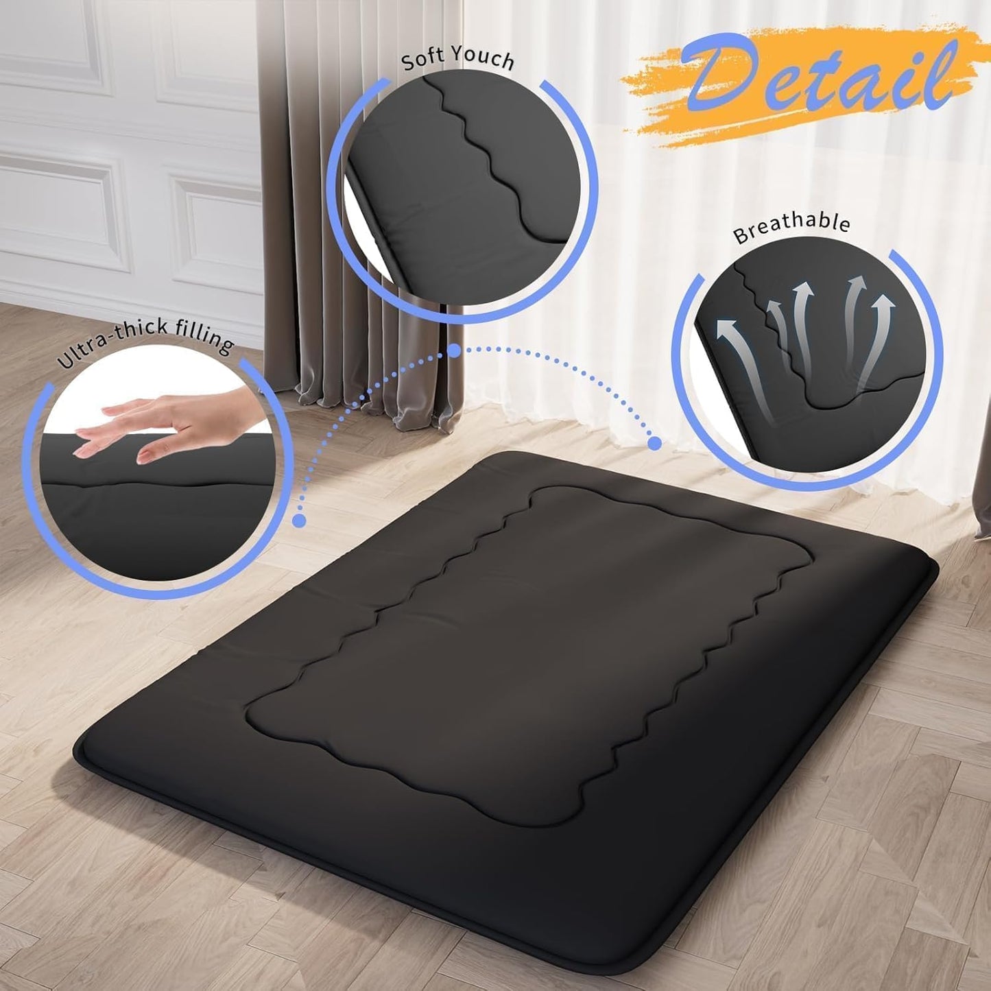 Kiseely Japanese Futon Mattress, Foldable Tatami Mat Portable Dormitory Sleeping Pad with Bag & Strap, Floor Thicken Sleeping Roll up Camping Mattress (Black WS1, 39"X80")