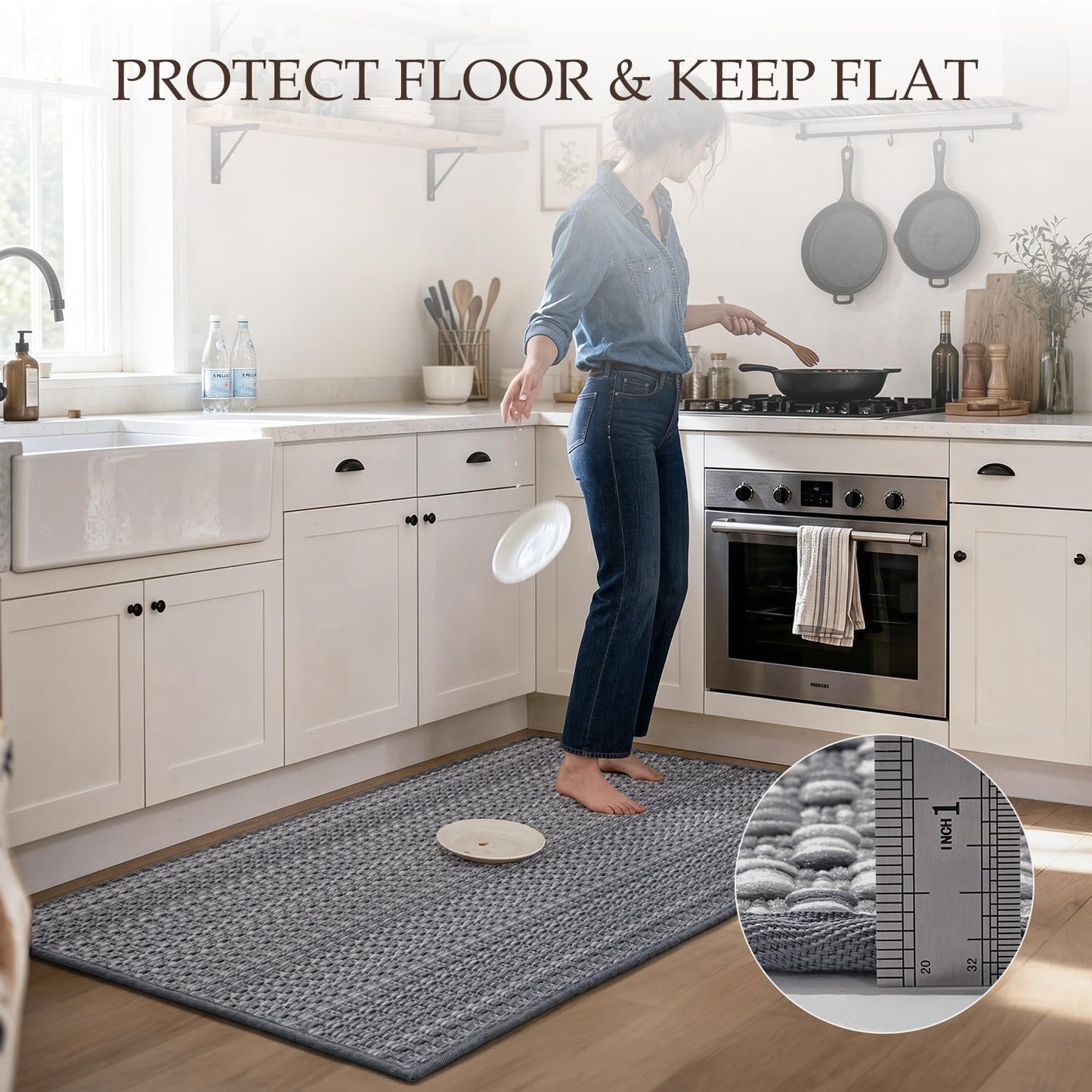 Thin Kitchen Rugs Non Slip Washable,Low Profile Kitchen Mats for Floor In Front of Sink,Dishwasher, Refrigerator, Tile & Hardwood Floors,Absorbent Easy Care Thin Runner Kitchen Floor Mat,17"*47",Grey