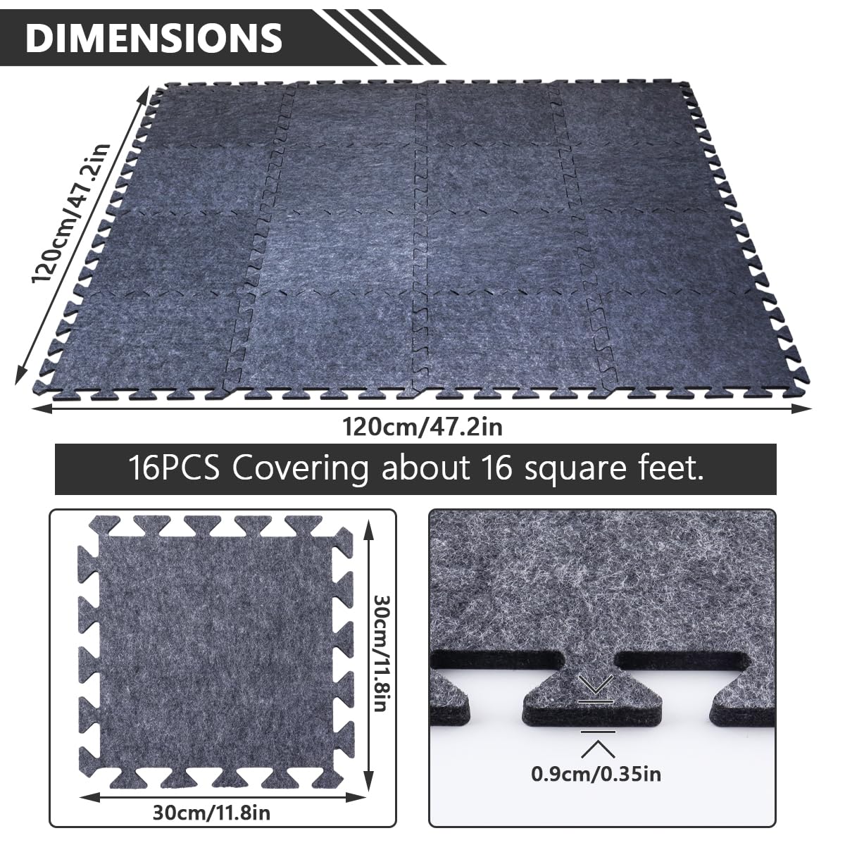 16 Pieces Thick Sound Absorbing Interlocking Floor Mats, High Density Piano Carpet Drum Rug, Non-Slip Anti Vibration Soundproof Pads Acoustic Blankets for Music Studio