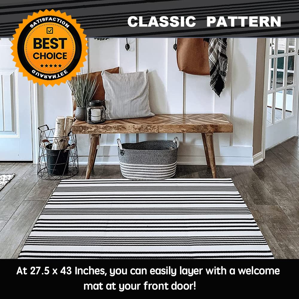 KaHouen Black and White Striped Outdoor Rug 27.5"x43", Front Porch Rug, Hand Woven Cotton Washable Striped Layered Doormats for Layered Door Mats Porch/Kitchen/Laundry Room/Farmhouse/Entryway