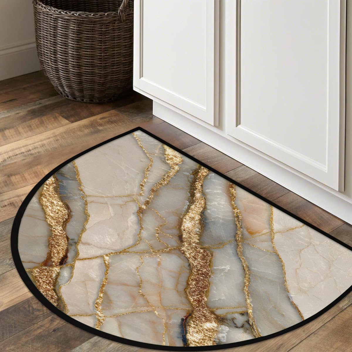 FengQuGou Half Round Doormat Beige Marble Gold Washable Semi Circle Area Rug Non Slip Half Moon Rug Holiday Decor Mat for Indoor Outdoor Bathroom Kitchen Welcome Fireplace Hearth Floor Mat