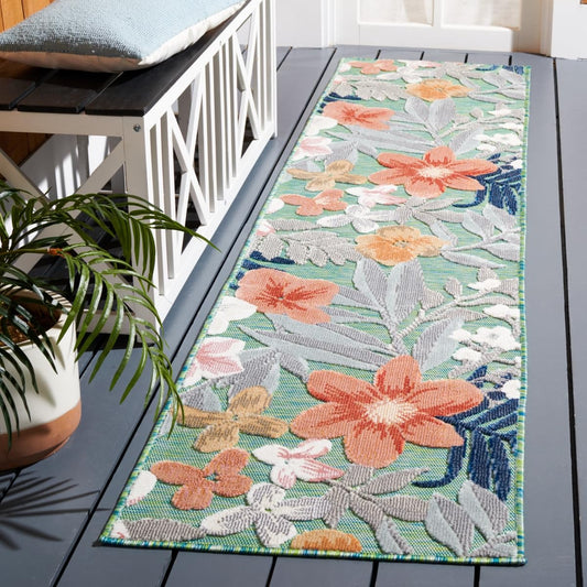 SAFAVIEH Washable Rug Outdoor Cabana Collection - 2' x 6'7", Green & Rust, Non-Shedding & Easy to Clean, Ideal for Patio, Backyard, Mudroom (CBN454Y)