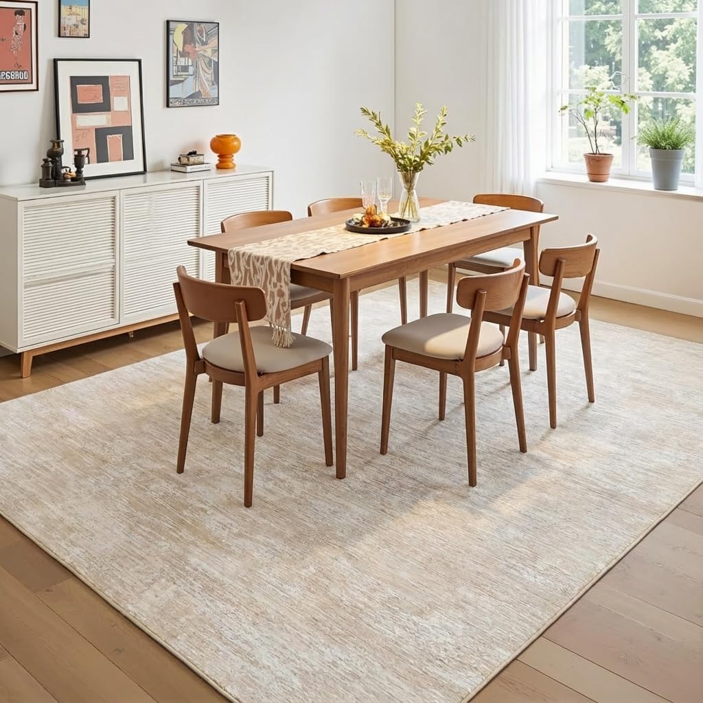 GarveeHome Bedroom Rugs 5x7 Solid Color Machine Washable Area Rugs for Living Room, Non Slip Non Shedding Modern Farmhouse Carpet Stain Resistant Low Pile Mats for Entryway Nursery Dining Room, Beige