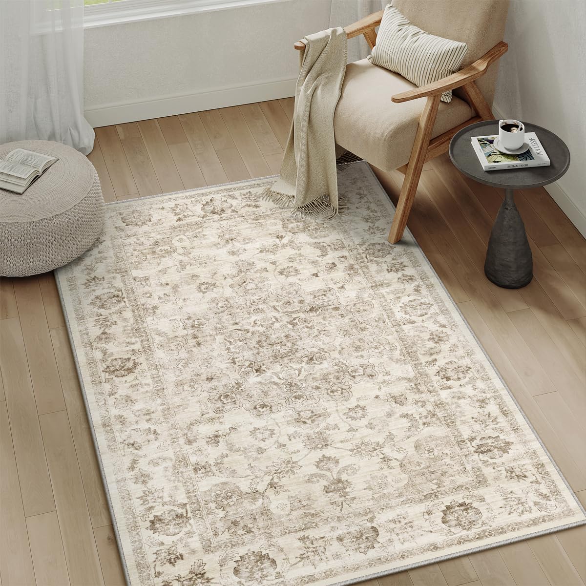 WondRg 3x4 Washable Neutral Area Rug Beige Vintage Entryway Office Carpet Non-Slip Soft Low Pile Farmhouse Throw Rug for Entrance Living Room Bathroom Dining Room