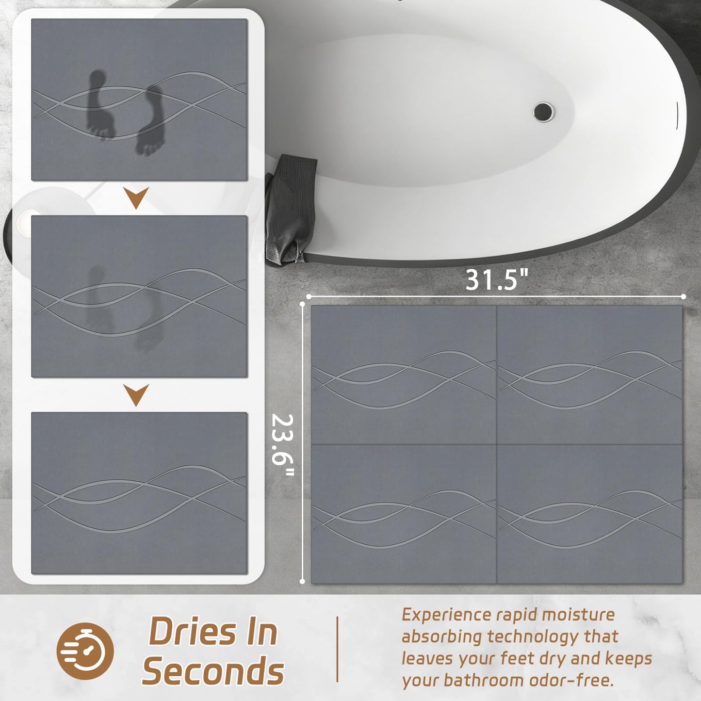 Extra Large Stone Bath Mat for Bathroom,31.5" x 23.6" Quick-Drying Diatomite Stone Shower Mat,Spliceable Design Instant Dry Technology Bath Mats Non-Slip Easy to Clean(Linear Dark Gray)