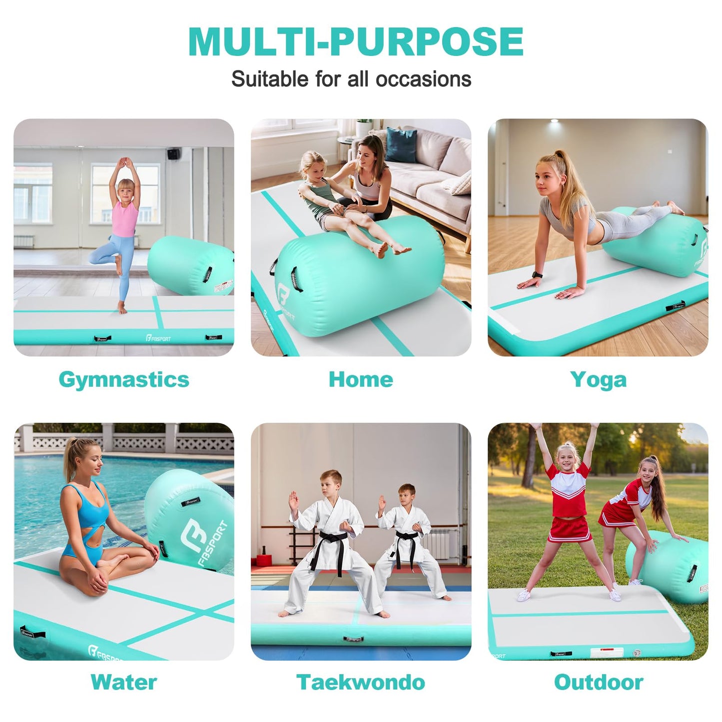 FBSPORT Inflatable Air Gymnastics Mat 4 inches Thickness and Air Roller 40x23.6 inches with Electric Air Pump 10ft Training Mats for Home Use Cheerleading Outdoor Training Park Yoga Beach Water(Green)