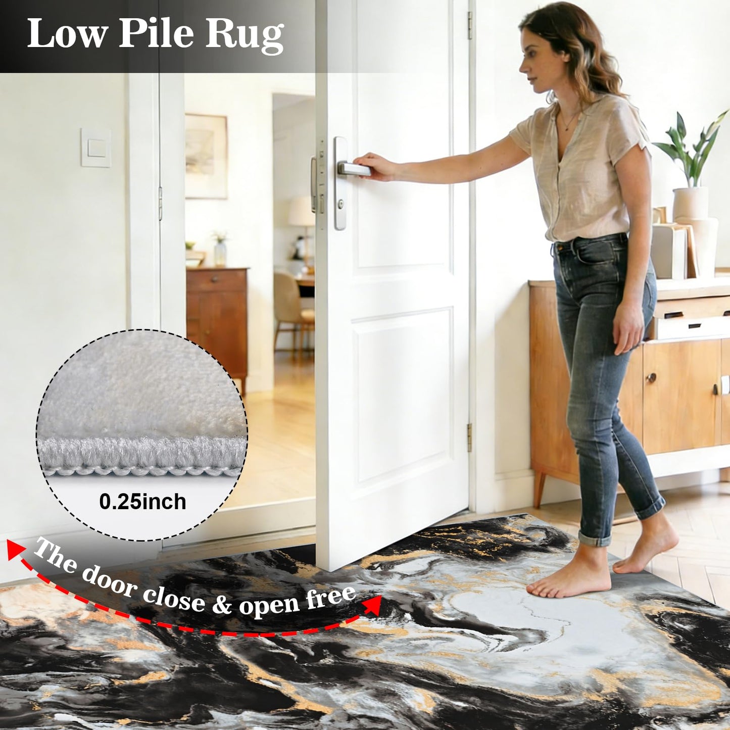 Yinhua Washable Round Rug 6ft, Circle Black and Gold Rug Non Slip, Soft Faux Wool Marble Rugs Non Shedding, Low Pile Abstract Area Rugs, Stain Resistant Carpet for Dining Room Table Nursery