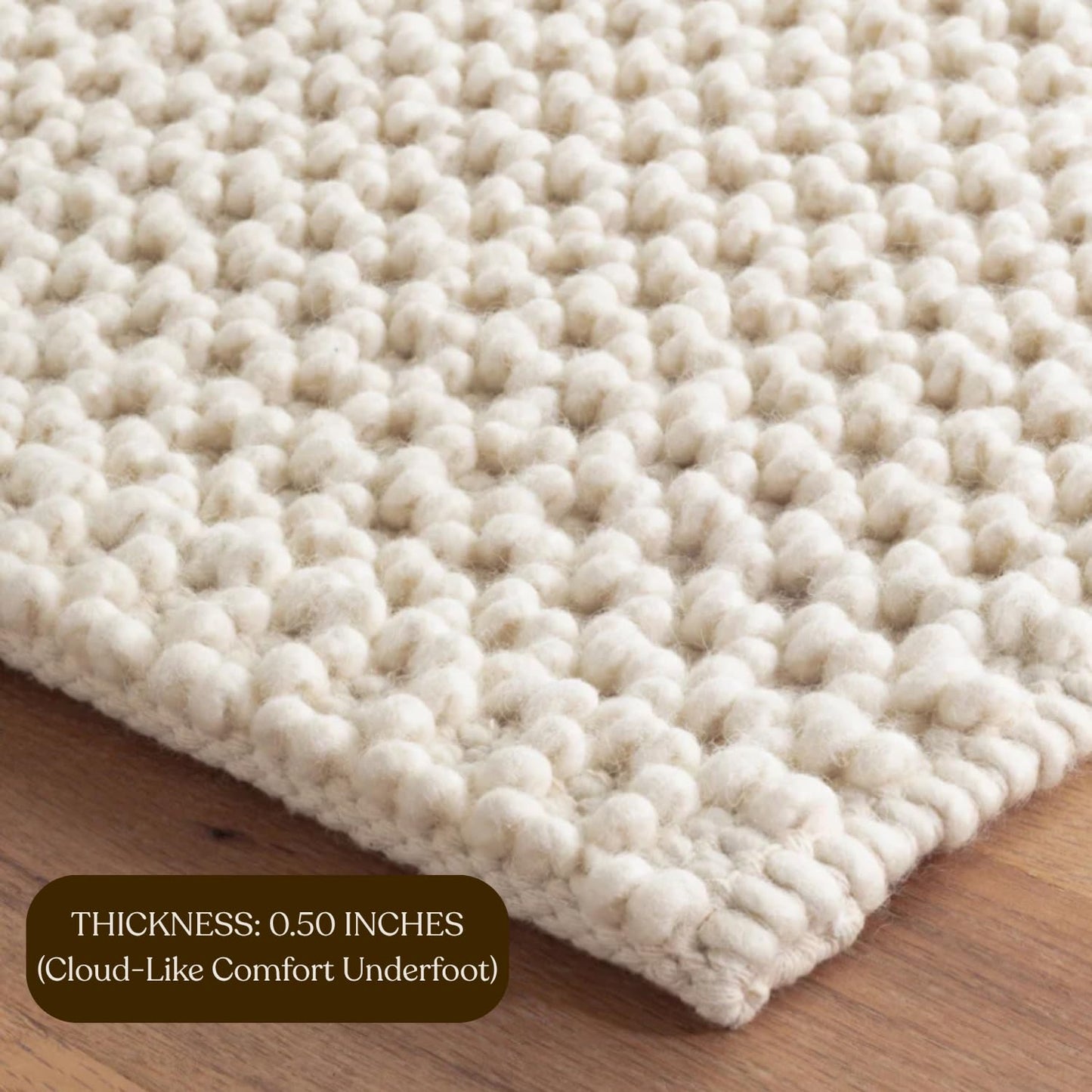 The Knitted Co. Handwoven Wool Area Rug - Hand Woven Natural Carpet Rugs- Bedroom Living Room Dining Room (Ivory- 5'x8')