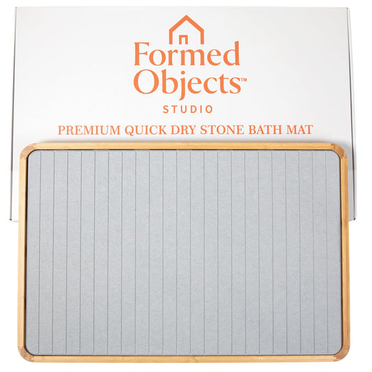 Stone Bath Mat with Bamboo Trim - Quick-Dry Diatomaceous Earth Shower Mat | Super Absorbent, Non-Slip, Minimalist Bathroom Floor Mat for Spa Style Décor, Bathroom, Kitchen, Entryway - Stone Grey