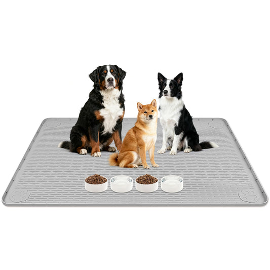 Lanstics Dog Food Mat, 50" x 35" Large Silicone Mat Dog Feeding Mat with Raised Edge Non-Slip Pet Feeding Mat for Food and Water Bowl, Easy to Clean, Floor Protection (Gray)