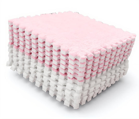 10pcs Plush Foam Floor Mat, Cuttable Play Mat Color Blocking Plush Puzzle Interlocking Square Carpet Tile Flooring Climbing Area Rugs for Home Playroom (Pink White)