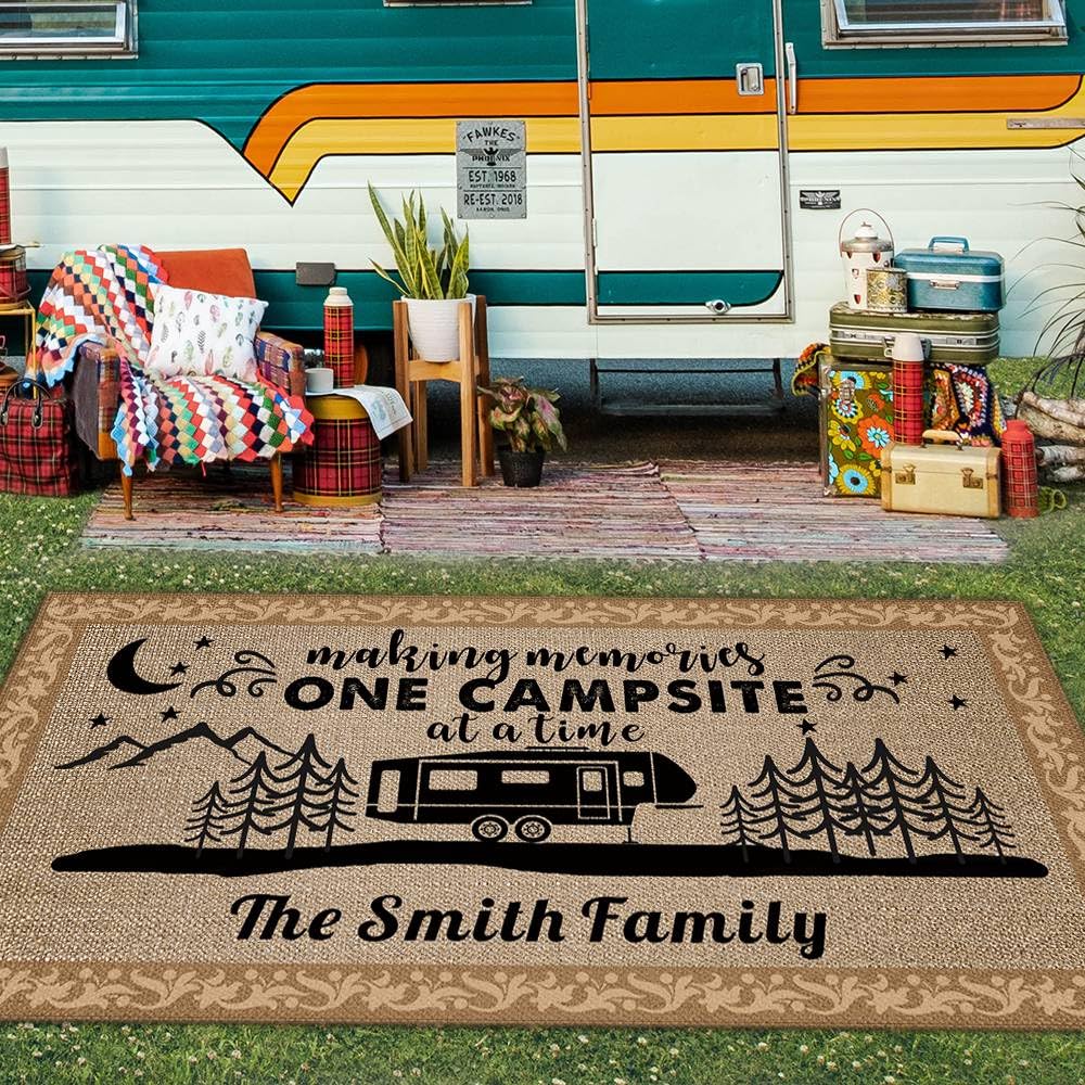 GUGLILI Custom Camping Rugs Making Memories One Campsite at a Time RV Trailer Decor Camper Floor Mat for Outdoors, Patio, Backyard, Picnic, Beach, Camping, 55 x 95 Inch, 20 RV Optional