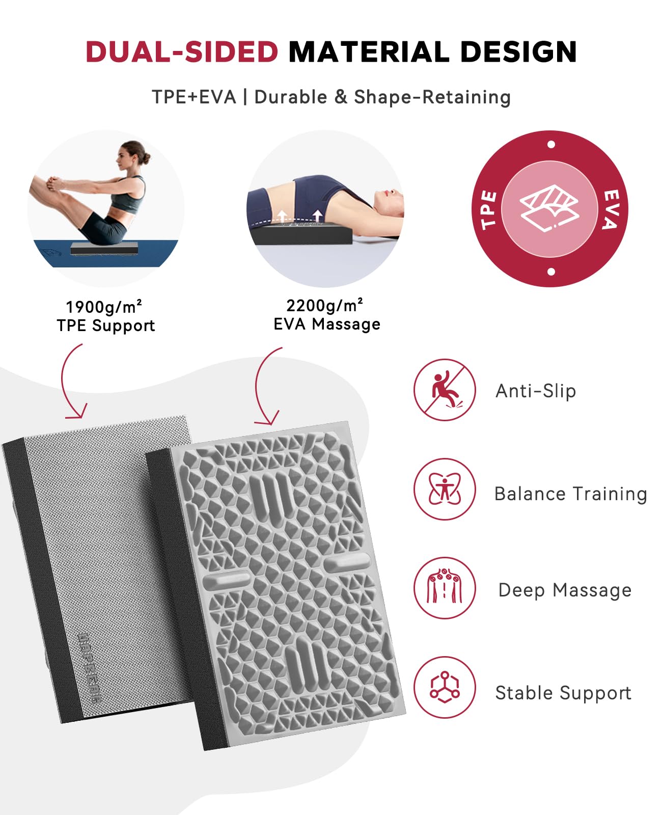 HAPBEAR Exercise Balance Pad - 15"x12" Non-Slip Textured Foam Pad with 2-in-1 Stability, 2.2" Thick TPE & EVA with Soft Cushioning for Adults, Physical Therapy Core Training - Black