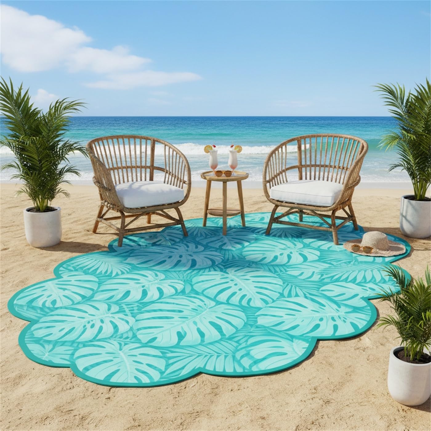 Monstera Palm Leaf 2x3 Outdoor Waterproof Area Rug for Porch Patio Deck Camping Teal Tropical Plant Scalloped Irregular Shaped Rugs Non Slip Thin Washable Veranda Front Yard Foyer Carpet Outside Mat