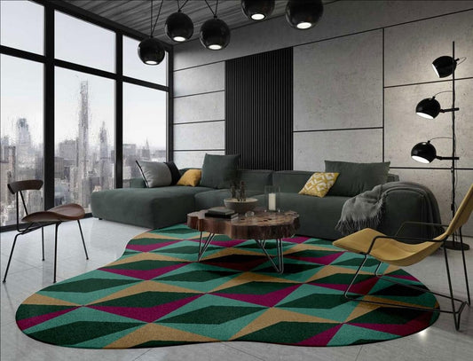 Irregular Shaped Area Rug Dark Green Tea Beige Diamond Geometric Pattern Non-Slip Washable Rug for Living Room Bedroom Home Office Minimalist Mid Century Modern Turkish Soft Indoor Floor Carpet 3ft