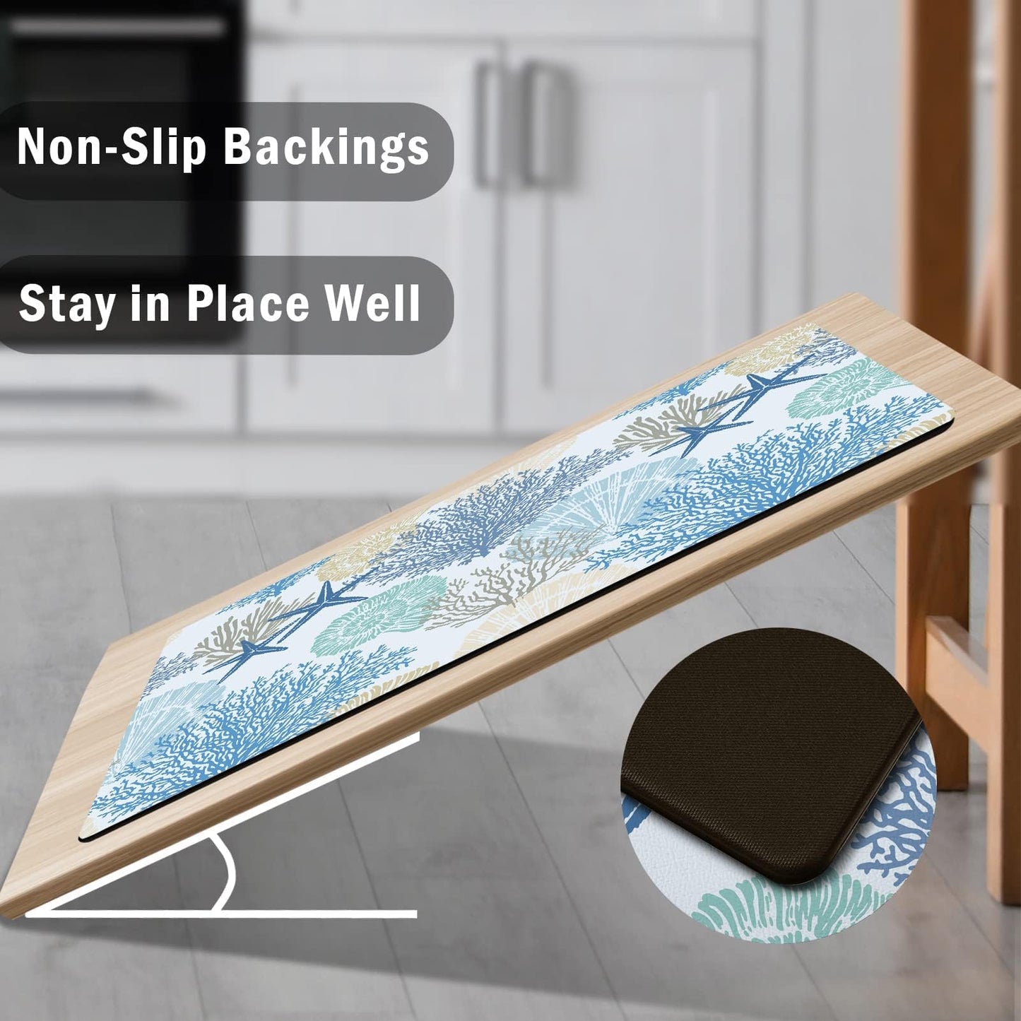Tritard Coastal Beach Theme Kitchen Mats Rugs Set of 2 Anti Fatigue Kitchen Mats for Floor Memory Foam Cushioned Waterproof Non Slip Comfort Standing Mat for Sink Laundry, Blue, 17.3"x 28"+17.3"x 47"