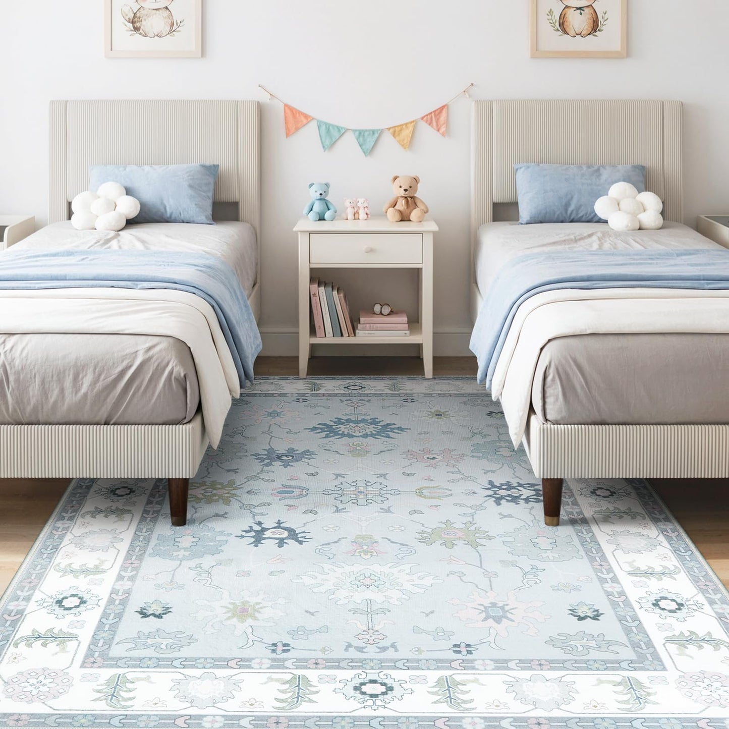 LIVEBOX Washable Grey 5x7 Rug, Soft Oushak Area Rugs for Living Room, Non Slip Boho Dining Room Rug Under Table, Turkish Floral Ultra Thin Floor Carpet for Bedroom Home Office, Grey