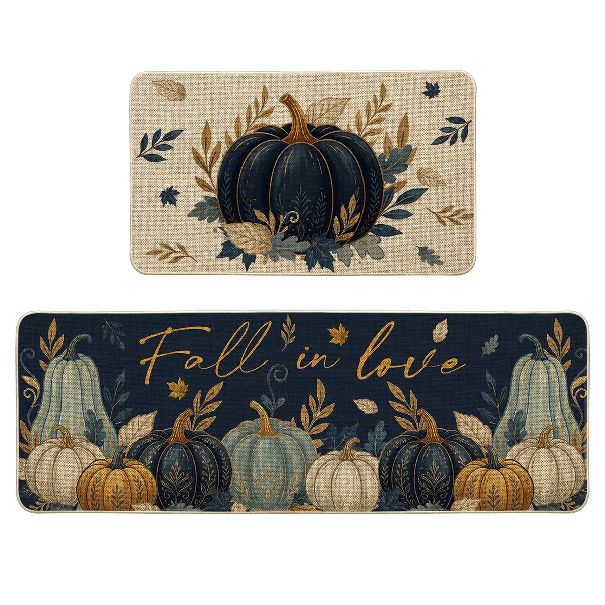 Artoid Mode Blue Pumpkin Leaves Fall Kitchen Mats Set of 2-17x29+17x47