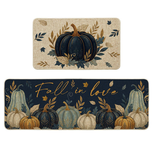 Artoid Mode Blue Pumpkin Leaves Fall Kitchen Mats Set of 2-17x29+17x47