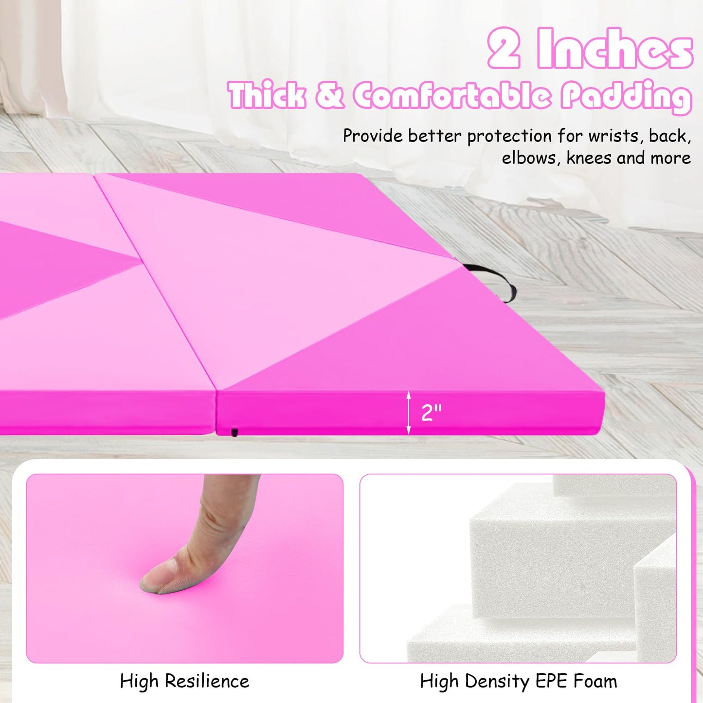 Goplus 8' x 4' x 2" Gymnastics Mat, Folding Tumbling Mat with Carry Handles, Hook & Loop Fasteners, 4 Panels for Fitness Exercise Yoga Stretching Aerobics Workouts, Thick Gym Mats for Home (Pink&Rose)