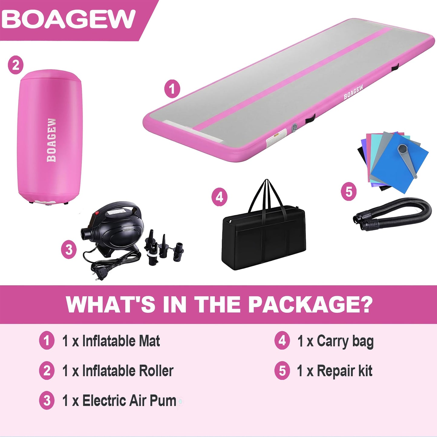 BOAGEW Gymnastics Mat with Air Roller,Inflatable Air Track Tumbling Mat for Home Gym Training, Tumble Track for Cheerleading/Gym/Training/Yoga/Beach/Water/Park Outdoor Use with Electric Air Pump ﻿