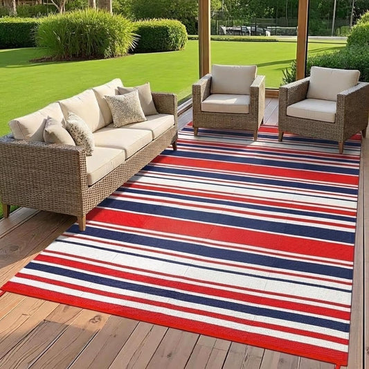 GarveeHome 9x18 Modern Geometric Lines Plastic Straw Outdoor Large Rugs Colorful Striped Reversible Indoor Outdoor Rugs Non Shedding Portable Outside Carpet for Trailer RV Backyard, Red Navy White