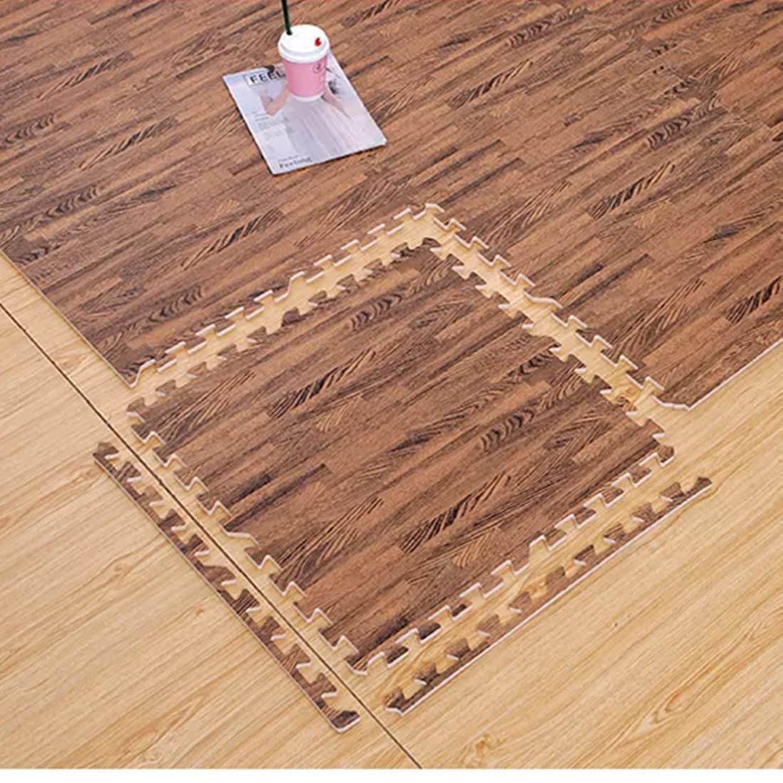 Smabee 16pcs Interlocking Printed Wood Grain EVA Foam Mats Protective Floor Tiles Exercise Play Mat for Kids Room Parlor Bedroom Home 11.8" x 11.8" (Wood Grain Brown)