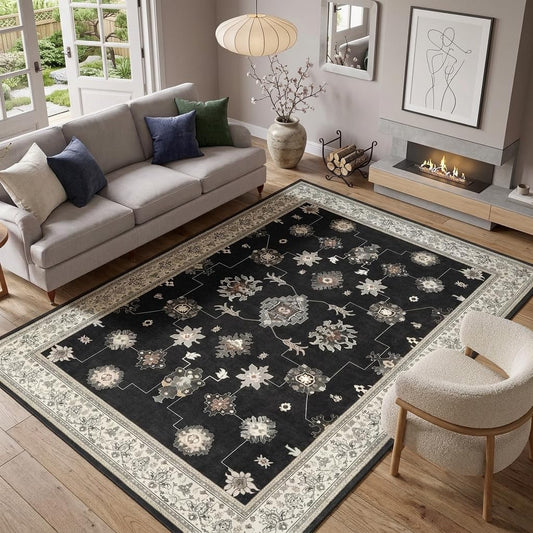 Tribesigns Boho Black 5x7 Washable Area Rugs for Living Room, Soft Non-Slip Vintage Rugs for Bedroom Dining Room, Farmhouse Ultra Thin Indoor Carpet for Playroom Office Decor, Oeko-Tex Certified