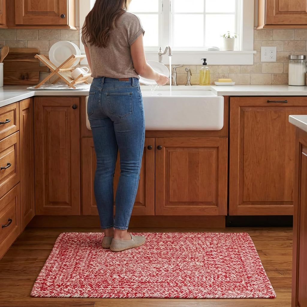 Super Area Rugs Farmhouse Braided Rug Cotton Kitchen Reversible Carpet, Red & White, 2' X 3' Rectangle