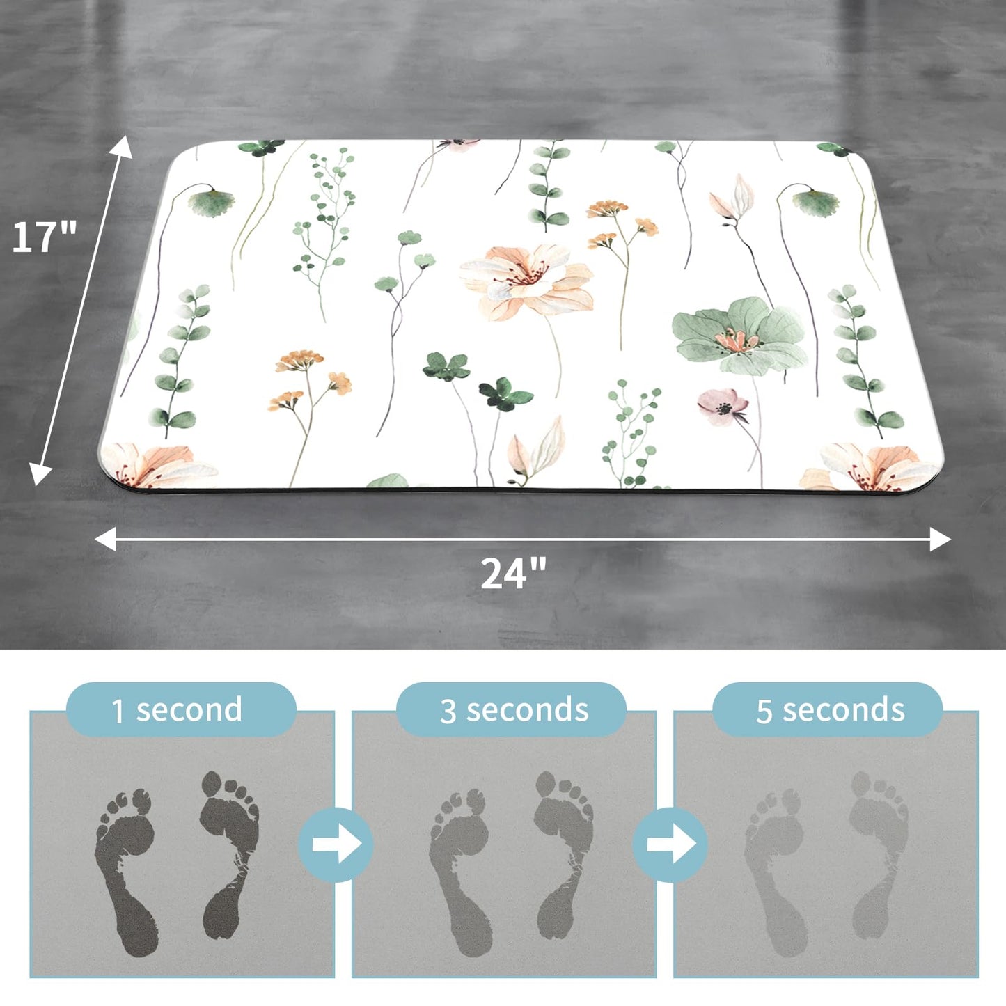 Gibelle Floral Bath Mat Rug (17"x24", Sage Green) 3 in 1 Shower Curtain Set, Sage Green Watercolor Floral Bath Curtain and PEVA Liner Set with 12 Double Sided Steel Hooks,72x72