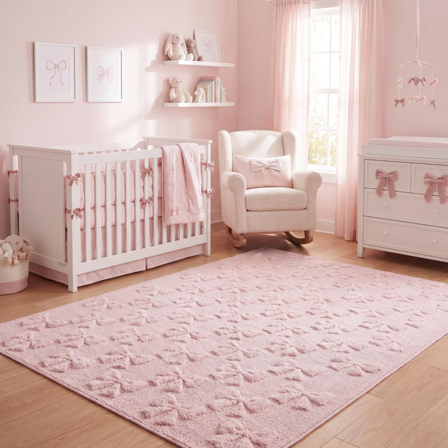 Klyyo Clyro Pink Bow Area Rugs for Bedroom Girls 4 x 6 ft Cute Coquette Throw Rugs Pink Plush Faux Fur Aesthetic Soft Bedroom Carpet for Living Room Dining Playroom Nursery Family Indoor Dorm