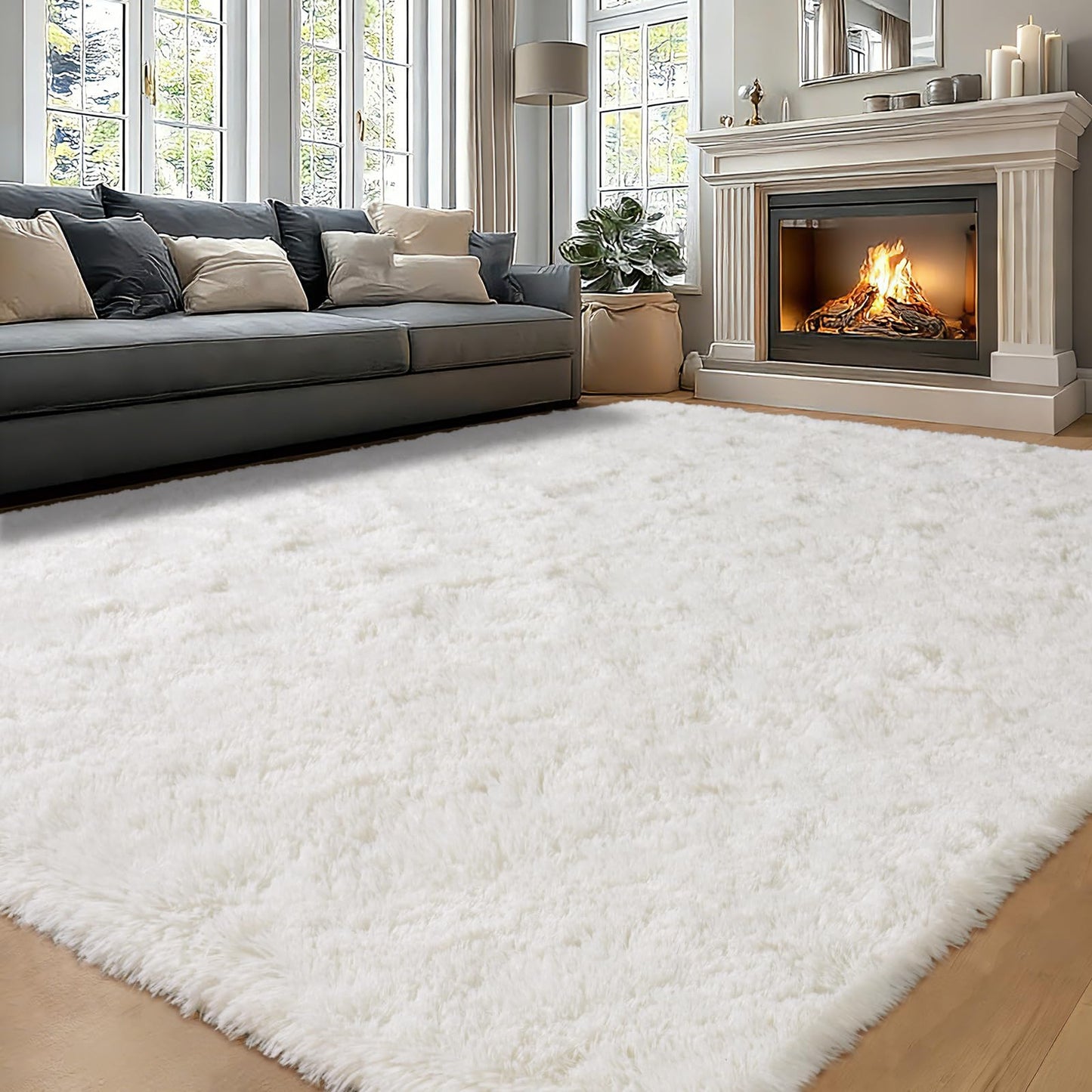 PIPABOBO Cream White 10x14 Rugs for Living Room, Ultra Soft Fluffy Area Rug for Bedroom, Large Furry Shaggy Floor Carpet Non-Slip for Nursery Kids Room Dorm Home Decor