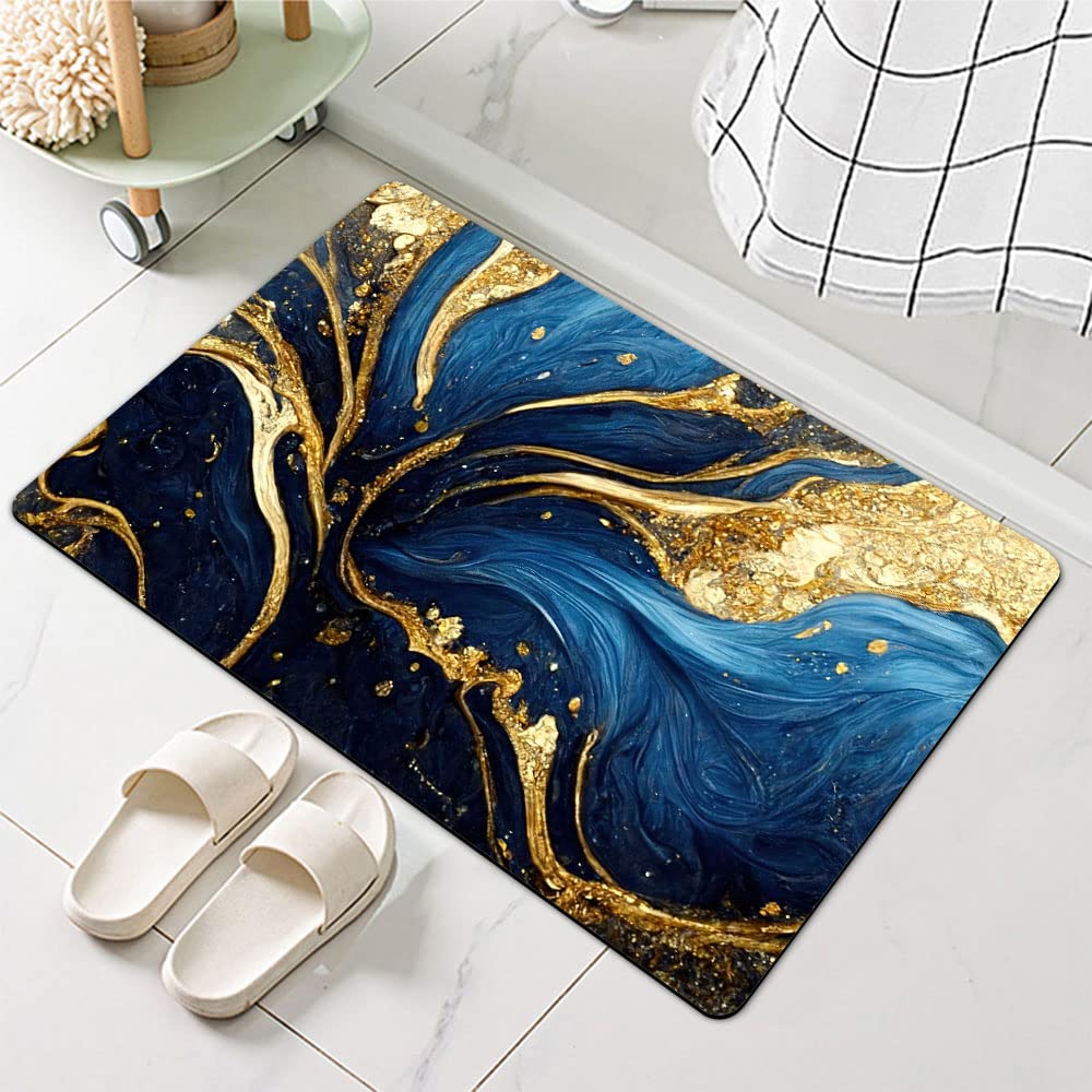 ZHUZHISHAN Diatomaceous Earth Bath Mat,Blue and Gold Marble Texture Non-Slip Volume Super Absorbent Fast Drying for Bathroom Kitchen Door mat,Eco-Friendly Easy to Clean 16×24Inch (40 * 60cm)