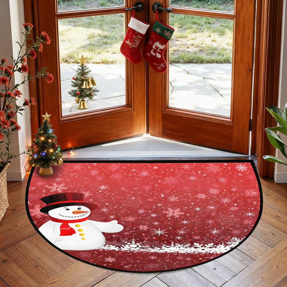 Christmas Door Mat for Outdoor Indoor Welcome Mat Snowman Red Half Round Doormat Christmas Entryway Rug 24" x 36" Holiday Door Mats for Home