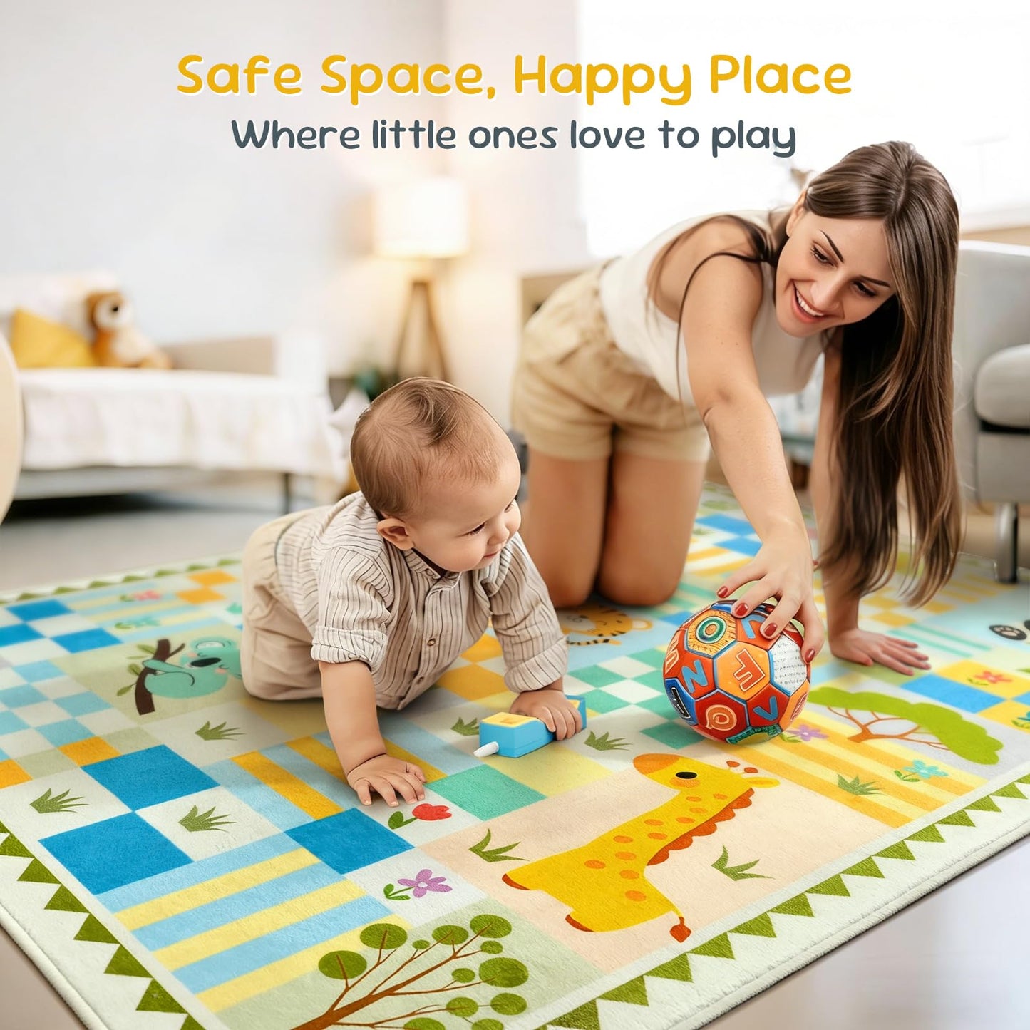 4x6 Washable Kid Playroom Rug, Unisex Green Safari Jungle Woodland Animal Toddler Carpet, Soft Non-Slip Baby Nursery Area Rug with Cute Colorful Checkered Design for Boy Bedroom