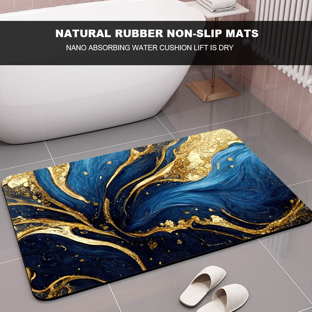 ZHUZHISHAN Diatomaceous Earth Bath Mat,Blue and Gold Marble Texture Non-Slip Volume Super Absorbent Fast Drying for Bathroom Kitchen Door mat,Eco-Friendly Easy to Clean 16×24Inch (40 * 60cm)
