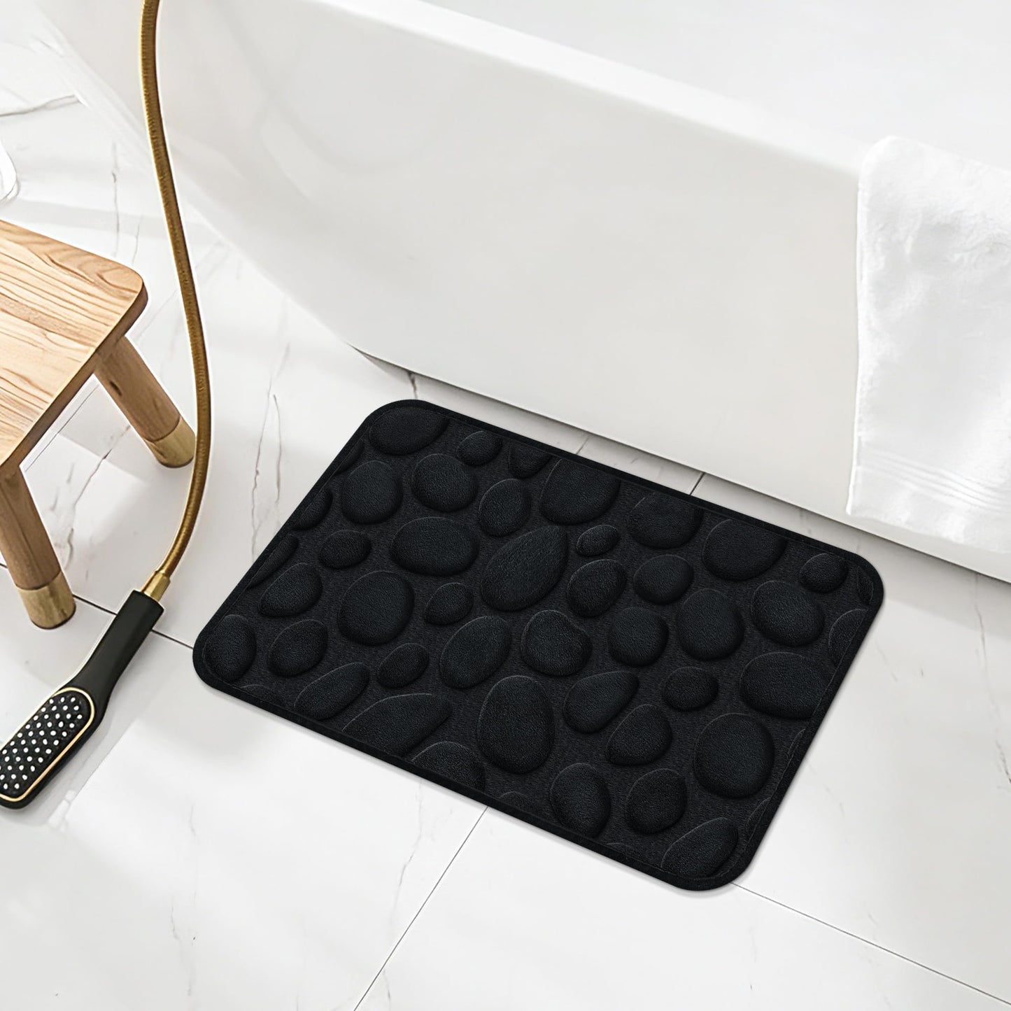SharpWeaRug Memory Foam Bath Mat,16x24 Inch Non Slip Cobblestone Bath Mats,Manchine Washable Absorbent Bathroom Floor Mats,Ultra Soft and Quick Dry Bath Rugs for Bathroom Tub and Shower,Black