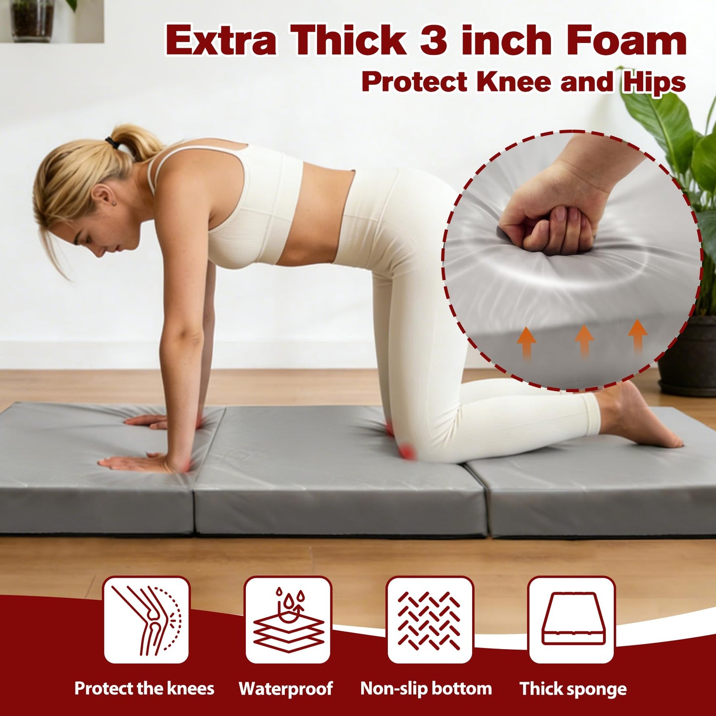3inch Thick Workout Mat,6 * 2.5ft Extra Thick Wide Folding Yoga Mat, Tri-Fold Exercise Mats, High-Density Non Slip Gymnastics Mats with PU Leather Cover for Fitness Pilates Stretching