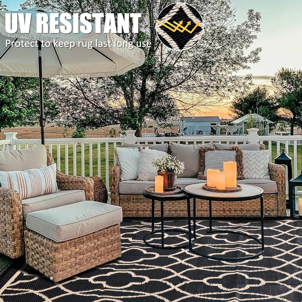 Pendolr 5’x8’ Outdoor Rug Waterproof Carpet Patio Rug Outdoor Plastic Straw Rugs Camping Rug Reversible Outside Outdoor Area Rug for Balcony Deck Backyard RV Picnic Beach Black&Beige 01#