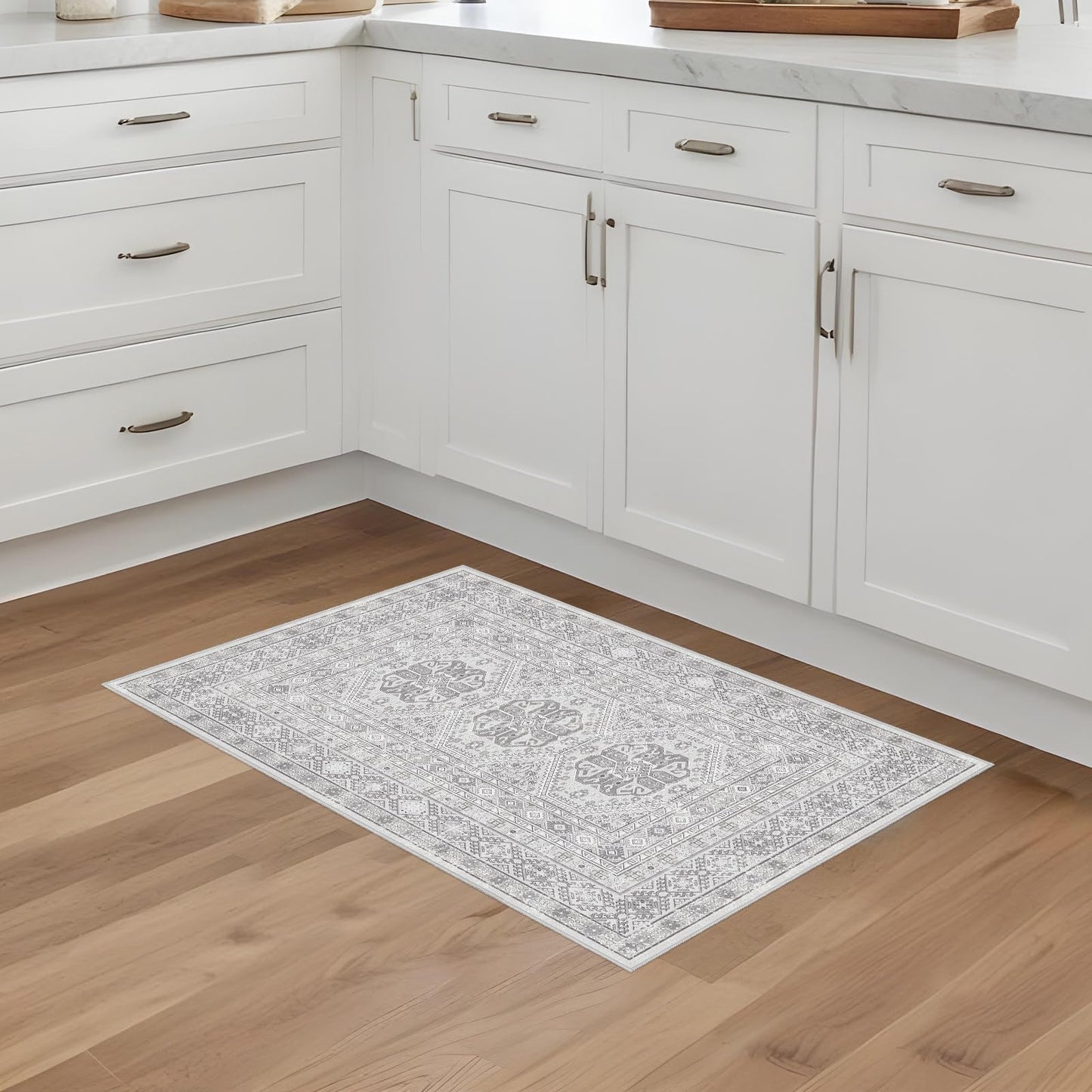 Washable Area Rug Non Slip - 2x3 Small Kitchen Boho Rug Vintage Entryway Low Pile Carpet for Doormat Grey
