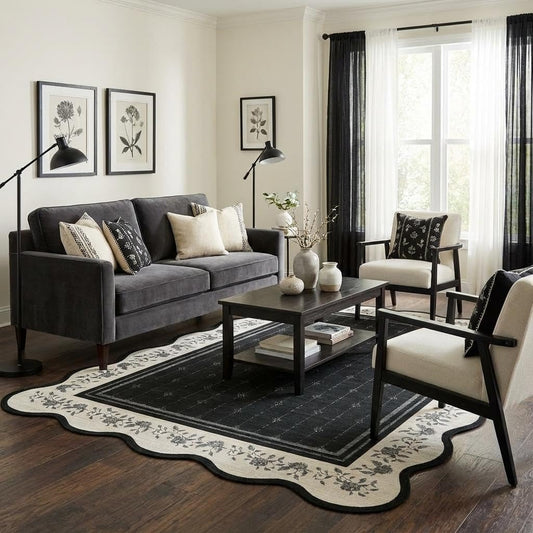 Garvee Washable Rugs for Living Room 8x10 Area Rugs for Bedroom Scalloped Rug Modern Bordered Non Slip Large Kids Bedroom Carpet Indoor Stain Resistant Floor Cover for Dining Room Office Nursery Black