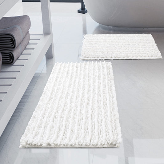 H.VERONNEX Luxury Chenille White Bathroom Rugs Sets 2 Piece, Thickened Hot Melt Rubber Bottom Bath Mats for Bathroom Non Slip,Bath Rugs Quick Dry Machine Washable for Shower Mat (32"x20"+17"x24")