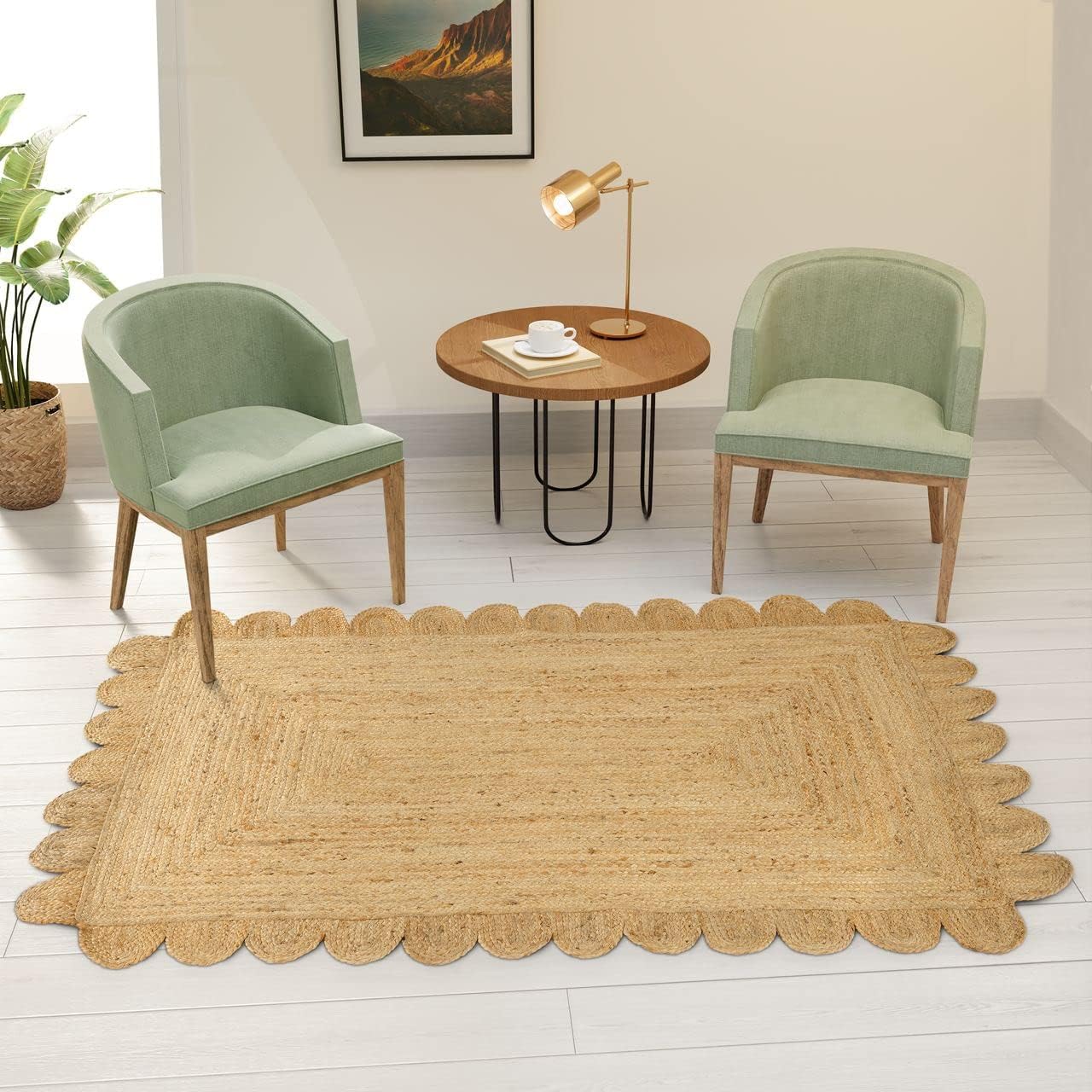 GRUHUM Scalloped Jute Area Rugs 8x10ft Rectangular Natural Fiber Handwoven Soft Braided Rustic Vintage EcoFriendly Rug- Farmhouse Indoor EcoFriendly Livingroom Bedroom Kitchen Hallways 8x10 Rectangle