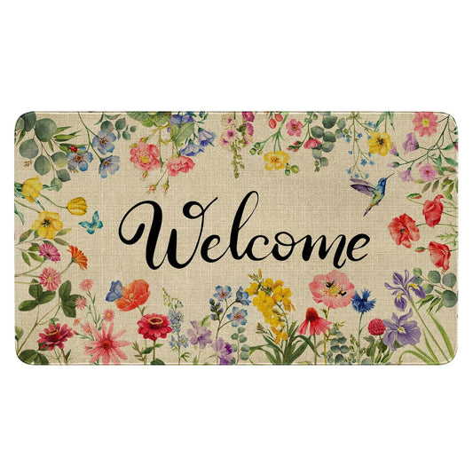 Ghroiep Spring Floral Decor Welcome Entrance Door Mat, Hello Summer Flower Home Decoration Non-Slip Indoor Outdoor Front Doormats Rug 17 x 30 Inch